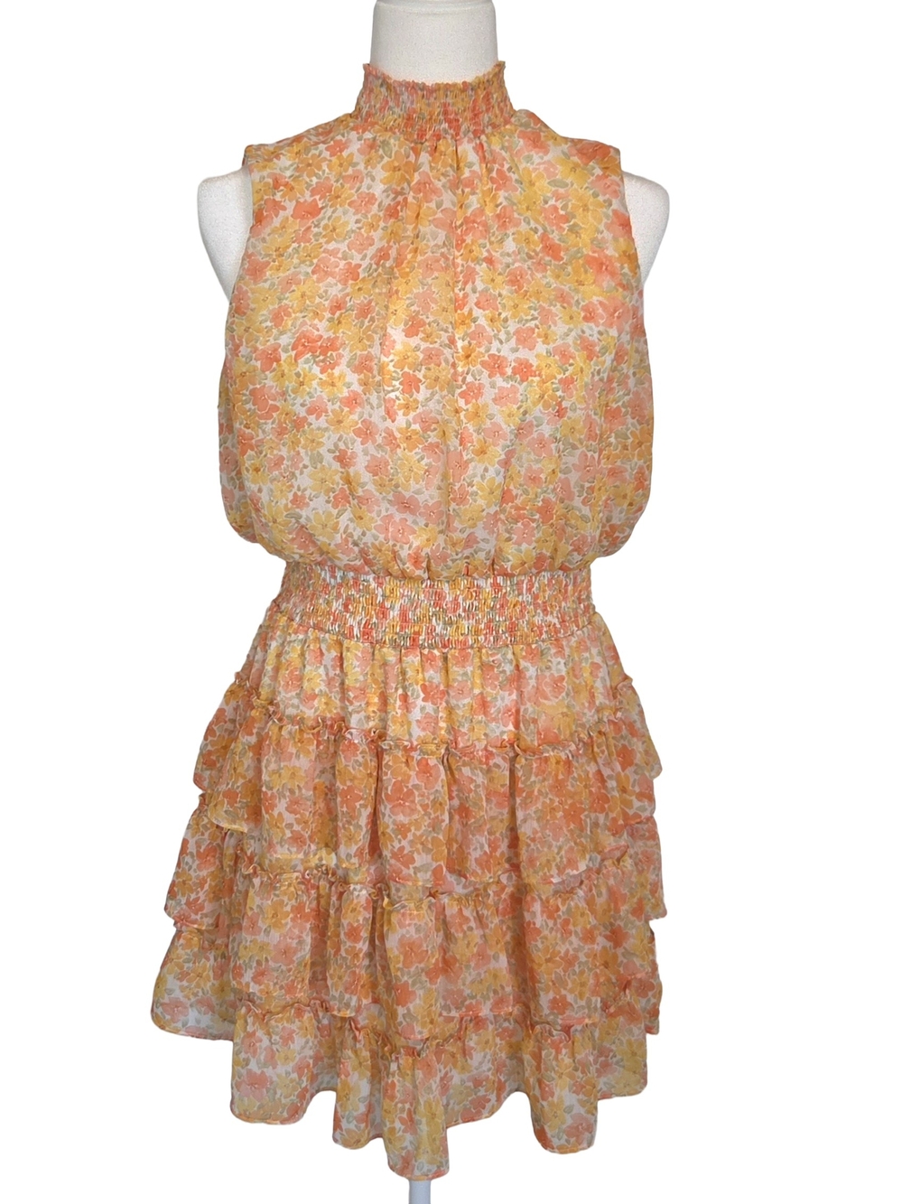 1. State Yellow & Peach Floral Smocked Waist Tiered Mini Dress
